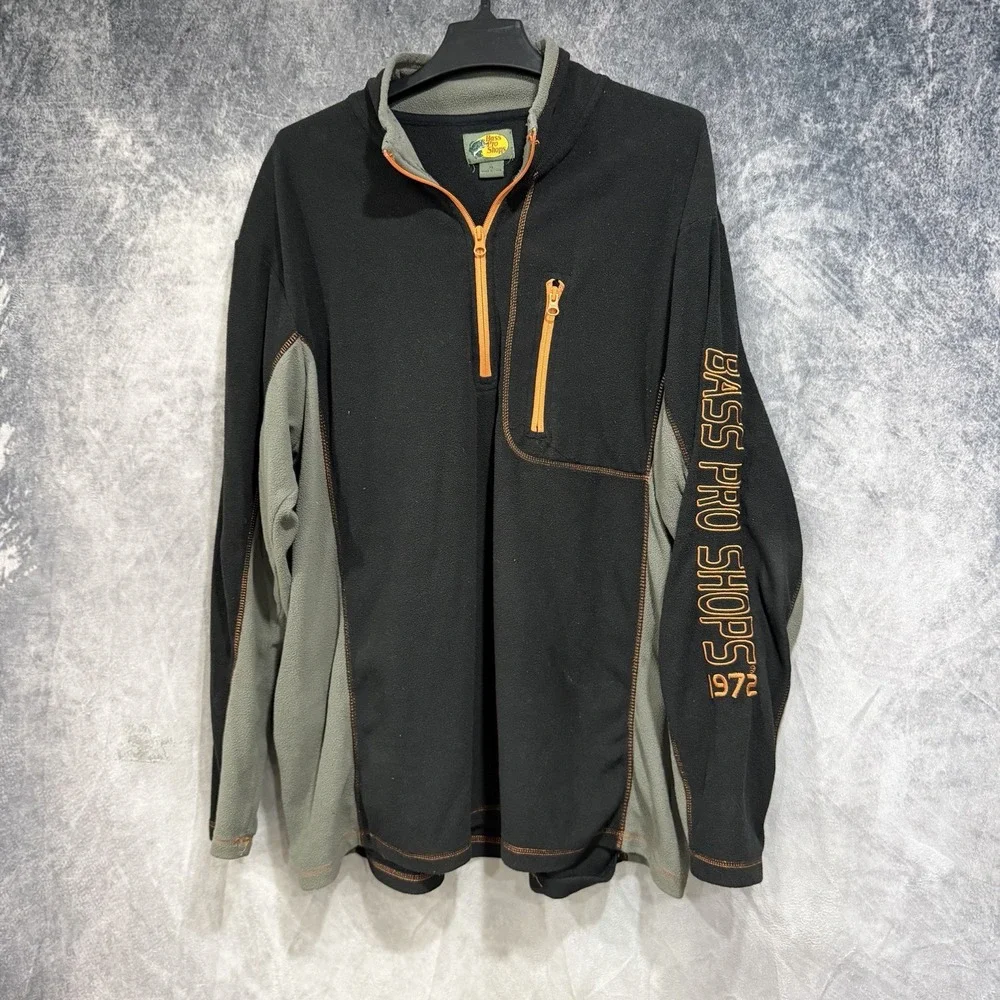 Bass Pro Shop Men's 1/4 Zip Pullover Fleece Black Orange Sleeve Logo XL Pocket